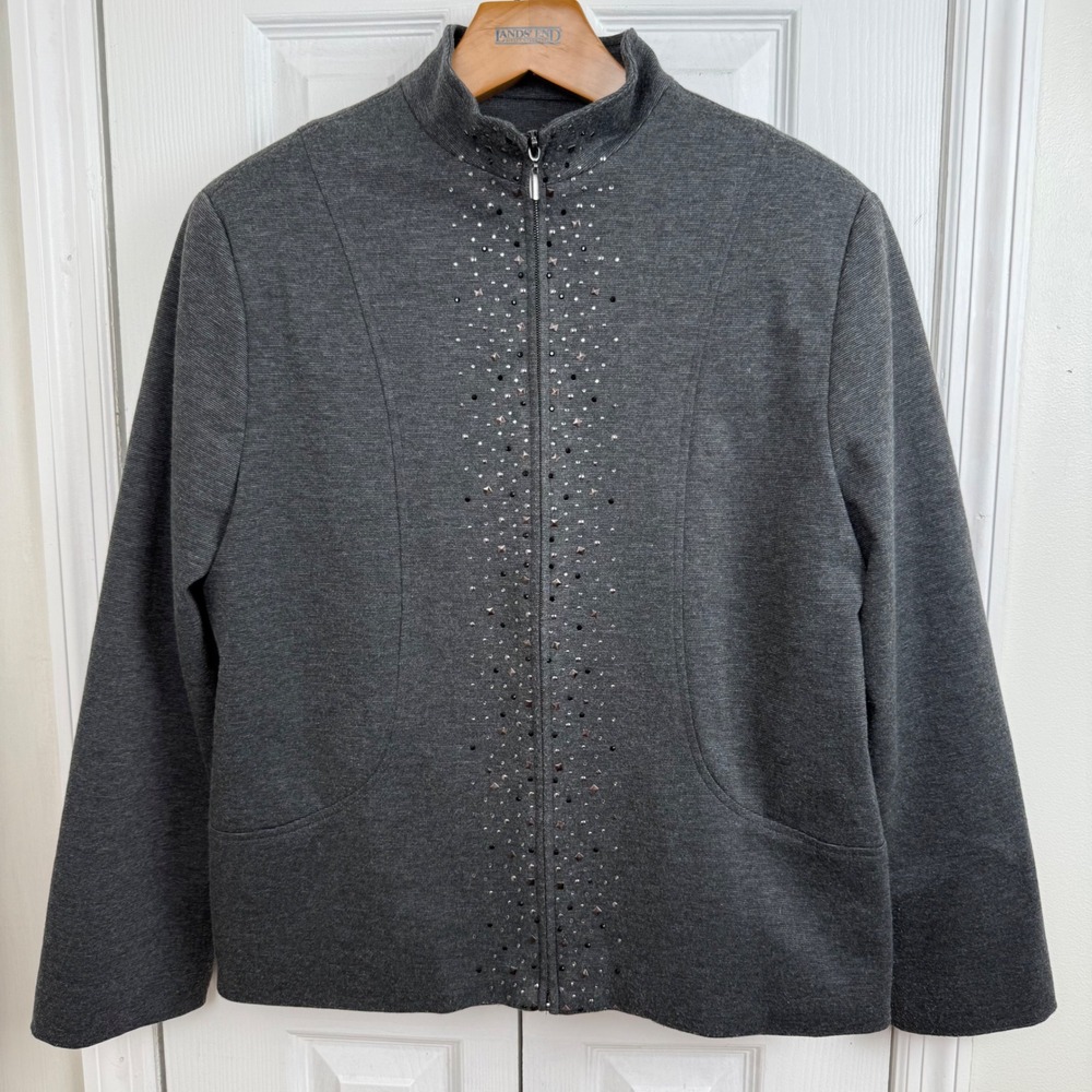 Alfred Dunner Women's Gray Rhinestone Embellished Zip Front Jacket Size 14